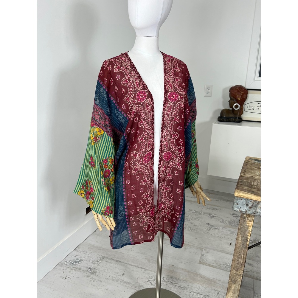 Natural Life Womens Boho Mixed Print Kimono Cardigan Burgundy Blue KM00115 S/M